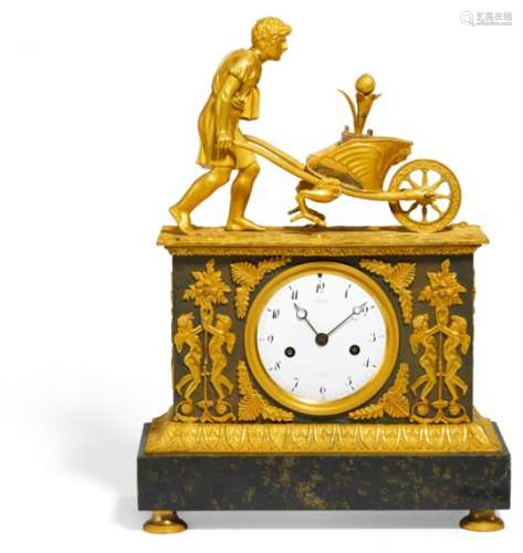 PENDULE MIT GÄRTNER. Paris. Um 1800-10. Lepaute. Bronze vergoldet und tlw. patiniert.