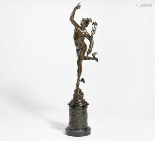 MERKUR. Italien. Kopie nach Giambologna. Bronze patiniert. Marmorsockel. Höhe 86cm. Zustand B.