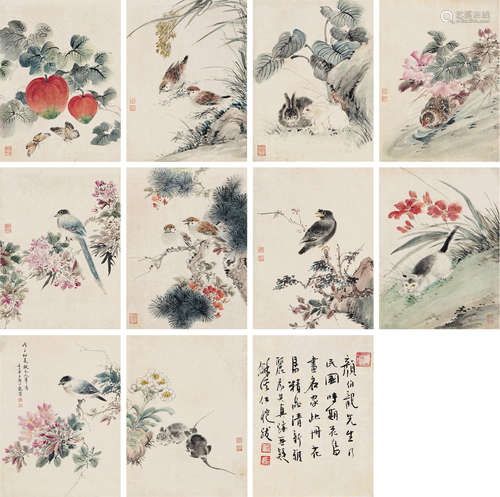 颜伯龙（1898～1954） 花鸟  册页 （十开） 设色纸本