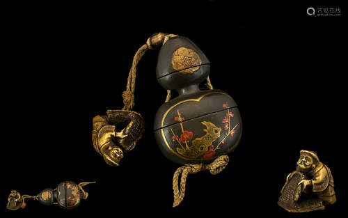 Antique 19thC Japanese Two Case Inro, Stylised Double Gourd Form With Gold Lacquered Foliate And Red