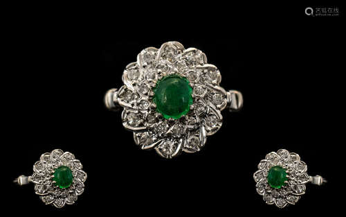 Ladies Attractive Palladium on Silver - Diamond and Emerald Set Dress Ring - flower head design, the