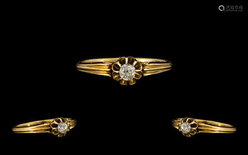 18ct Gold - Nice Quality Single Stone Diamond Ring, In a Gypsy Setting. Marked 18ct. The Diamond