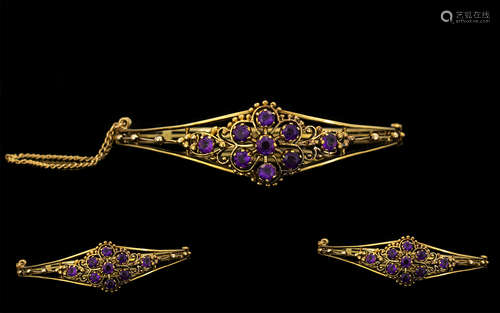 Antique Period Attractive 9ct Gold 'Tiara' - Amethyst Set Hinged Bangle with Attached Safety