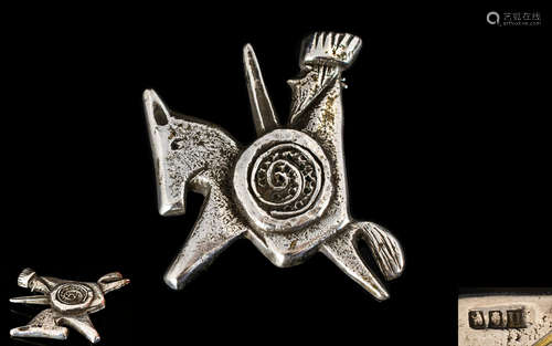 Irish Silver Statement Brooch. Heavy silver statement brooch in the form of warrior on horse back,