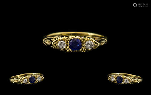 18ct Gold - Attractive Diamond and Sapphire 3 Stone Ring, Gypsy Setting. Hallmark Birmingham 1979.