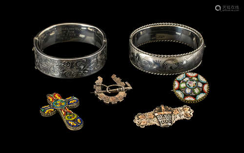 A Collection of Vintage and Antique Period Silver and Mosaic Jewellery - 6 pieces in total.