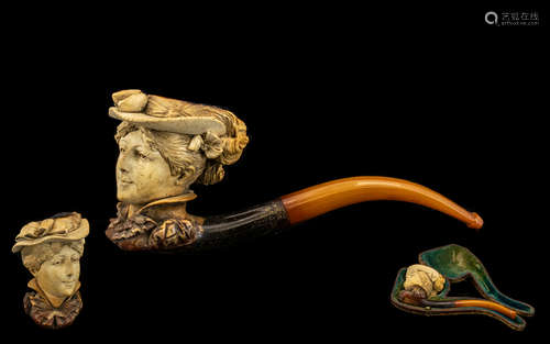 Meerschaum and Amber Pipe, the bowl carved with the detailed head of a lady, with brimmed hat