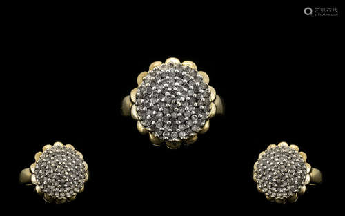 Ladies 9ct Gold Diamond Set - Flower head Design Dress Ring of Solid Construction. Fully