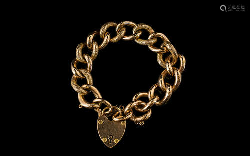 Antique Period Nice Quality 9ct Gold Ornate Curb Bracelet with Attached Large Heart Shaped Padlock