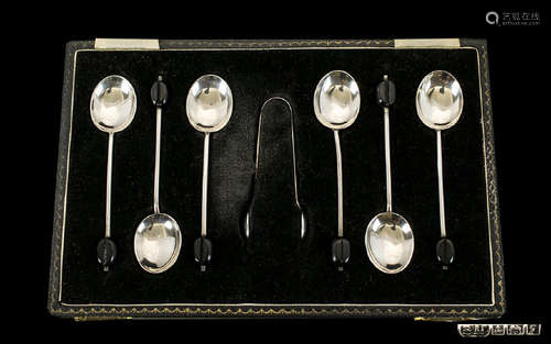 Boxed Set of Six Silver Coffee Spoons with Matching Sugar Tongs. Hallmark Birmingham 1956. All