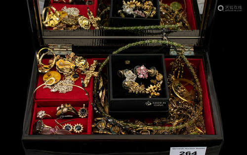 Collection of Contemporary and Vintage Costume Jewellery housed in a black wooden jewellery box with