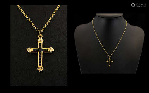 9ct Gold Cross and Chain. Fully hallmarked for 9ct, gold cross with black inlaid stones and