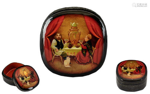 Tea For Two Authentic Hand Painted Russian Lacquered Box Fine detail to dress. Background