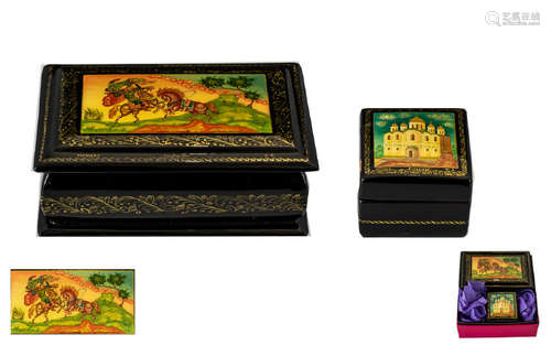 Two Authentic Russian Boxes comprising 1. Hand Painted Oblong Russian Lacquer Table Box Featuring '