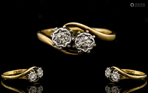 18ct Gold and Platinum Set 2 Stone Diamond Set Ring - Illusion Set. Marked 18ct and Platinum. The