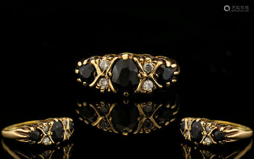 Ladies 9ct Sapphire and Diamond Dress Ring. 9ct yellow gold galley set Sapphire and diamond ring.