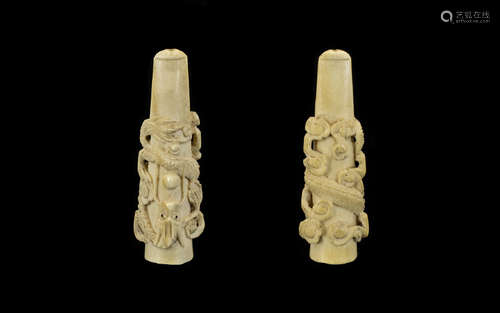 Chinese 19th Century - Superb Quality Carved Ivory Whistle. Encrusted with images of mythical