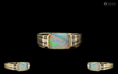 18ct Gold Attractive Opal and Diamond Set Dress Ring. The Rectangular Shaped Opal of Good Colours.