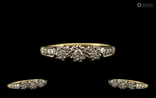 18ct Gold Three Stone Diamond Ring set with three round brilliant cut diamonds - illusion set.