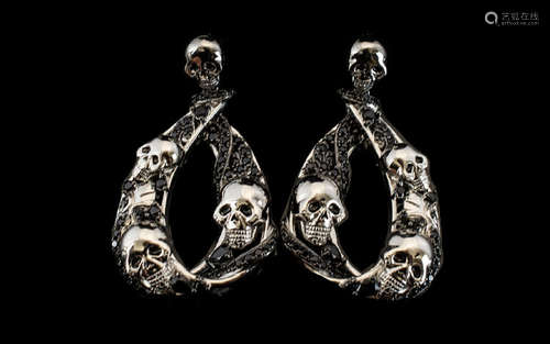 Skull and Black Spinel Snake Large Drop Earrings, skull shaped studs with post and push back