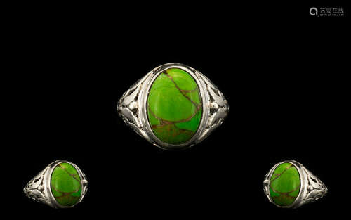 Mojave Green Turquoise Solitaire Ring, an oval cut cabochon of 5cts of the lime green version of