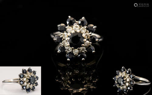 18ct White Gold Sapphire and Diamond Set Cluster Ring - Flower head setting, fully hallmarked for