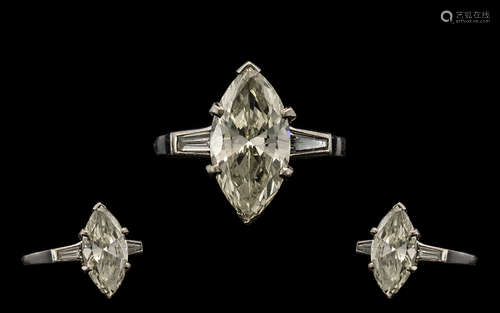 Art Deco Period Attractive Platinum Set Single Stone Diamond Ring - the marquise cut diamond of