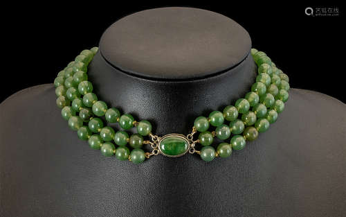 Chinese - 3 Strand Beaded Jade Necklace, The Clasp In Silver and Jade. c.1920's. Approx 14