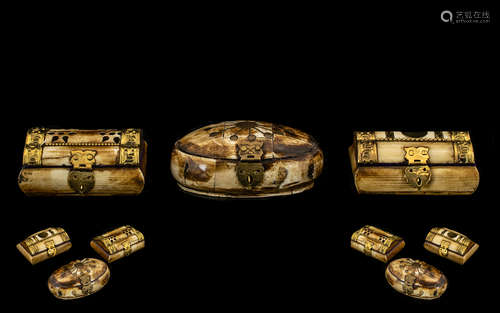 Three Assorted Middle Eastern Horn Boxes with brass hinges. Two in the form of caskets and one of