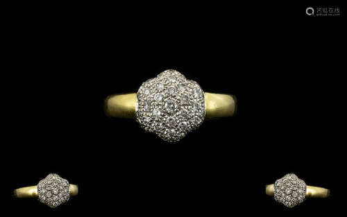 18ct Gold Diamond Set Cluster Ring - Flowerhead Design of Solid Construction. Full Hallmark for