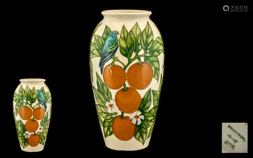 Moorcroft Modern Tubelined Vase. Attractive Design. Decorated With Images Of Oranges And Birds On