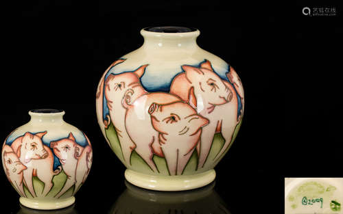 Moorcroft - Modern Tubelined Golbual Shaped Vase - decorated in pastel shades. 'Fowlers Farmyard