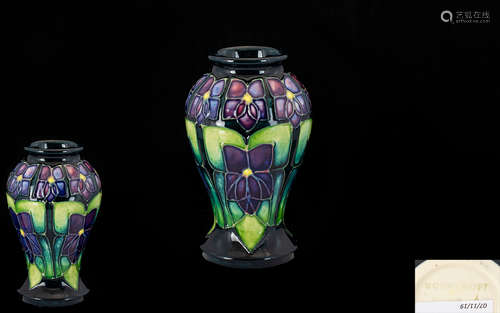 Moorcroft - Modern and Charming Tubelined Vase (Baluster Shape) of Small Proportions 'Violets'