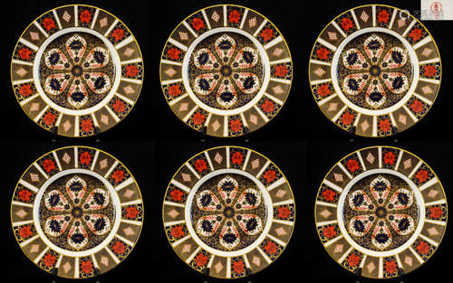 Royal Crown Derby Old Imari Pattern Single 22ct Gold BandSet of Six Large Cabinet Plates - pattern