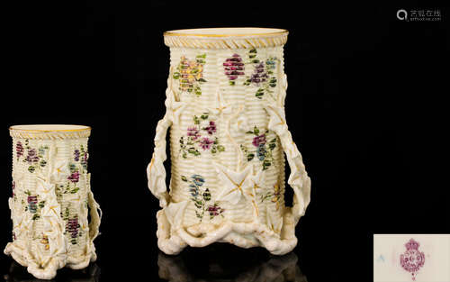 Royal Worcester Handpainted Naturalistic Three handled Spill Vase - Floral Images on Cream ground.