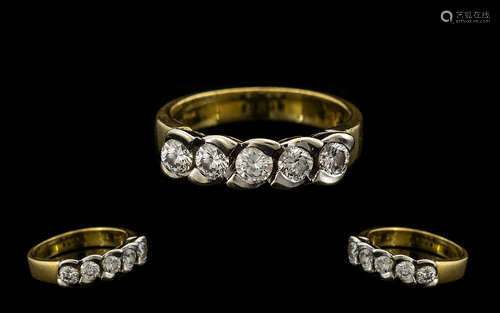 18ct Gold - Attractive and Pleasing 5 Stone Diamond Set Ring, The Five Round Modern Brilliant Cut