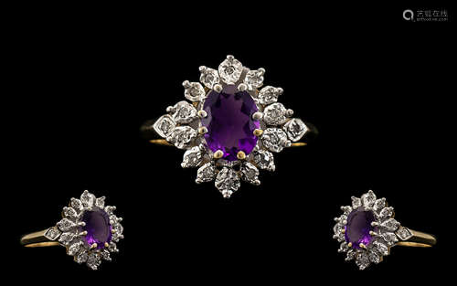 Ladies 9ct Gold Attractive Amethyst and Diamond Set Cluster Ring Flower Head Design - the central