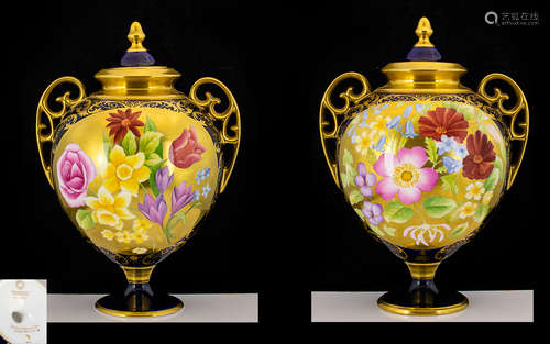 Caverswall Fine Handpainted Pair if Ltd and Numbered Edition Twin Handled Lidded Vases - Painted