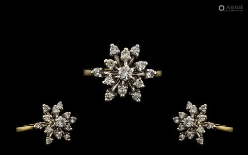 18ct Yellow Gold and Platinum Diamond Set Dress Ring Star Burst Design - full hallmark for 18ct.