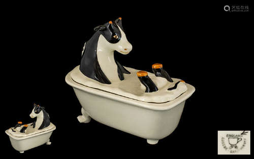 Carlton Wrae - Rare Lustre Pottery, Novelty Cow in the Bath Butter Dish. Large Friesian Cow enjoying