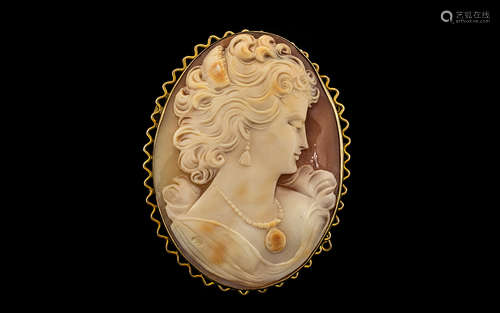 Antique Period Fine Quality Large 9ct Gold Mounted Oval Shaped Shell Cameo Brooch - both cameo and