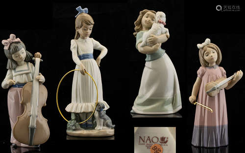 Nao by Lladro Collection of Four Figures comprising 1. Girl with Cello, bow missing 2. Girl with