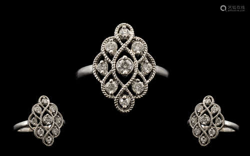 14ct White Gold Attractive Filigree Diamond Set Dress Ring on Nice Proportions marked 14ct.