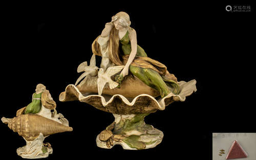 Royal Dux - Bohemia Hand Painted Figural Centrepiece. c.1900. Features a Young Woman In a Thoughtful