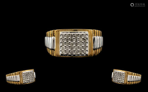 Rolex Style Heavy Gents 9ct Gold Two Tone Diamond Set Ring of Excellent Proportions - diamond weight