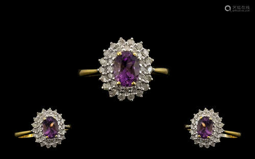 18ct Gold - Attractive Amethyst and Diamond Cluster Ring - Flower head Design. Full Hallmark for