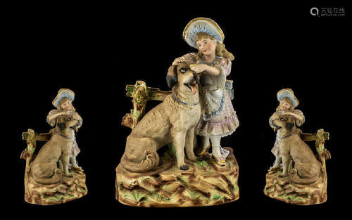 A German Heubach Late 19thC Bisque Figure Group depicting a baby piano girl with a large dog.