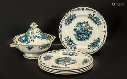 Mason's Ironstone ' Fruit Basket ' Tureen and Five Dinner Plates, Blue and White with Small Areas of