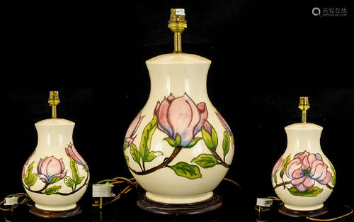 Moorcroft - Globular Shaped Large Tubelined Lamp Base ' Pink Magnolia ' on Cream Ground. Stands on a