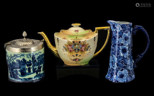 A Small Collection of Pottery to include Regency Ironstone Blue Jug 8 inches tall, an Ironstone